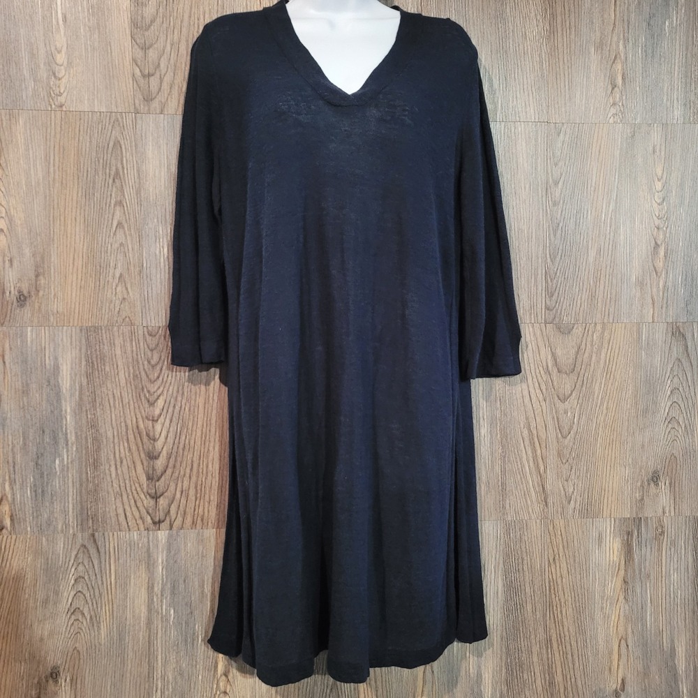 J. Jill Linen Blend Shift Dress M Dark Blue V-Neck Side Slits Minimalist Coastal